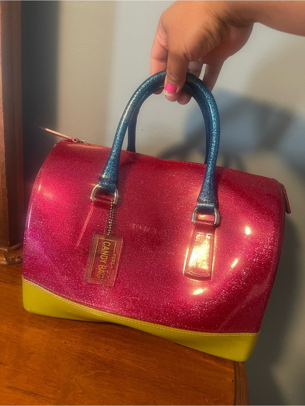 Furla Glitter Pink Satchel with Blue Handles and Yellow Base